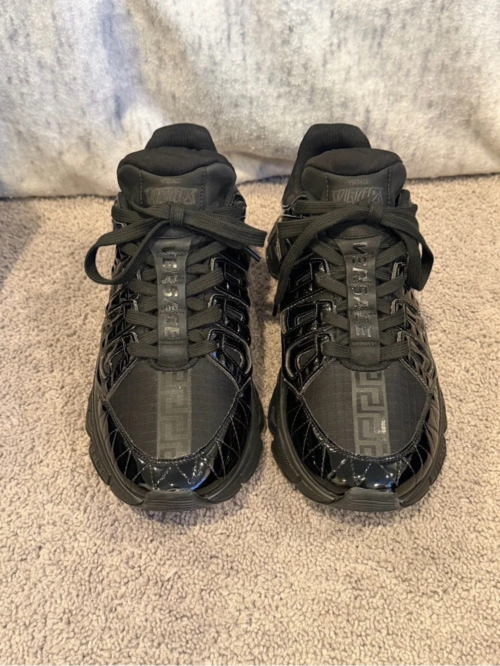 Versace Black Glossy Patent Leather TRIGRECA Sneakers